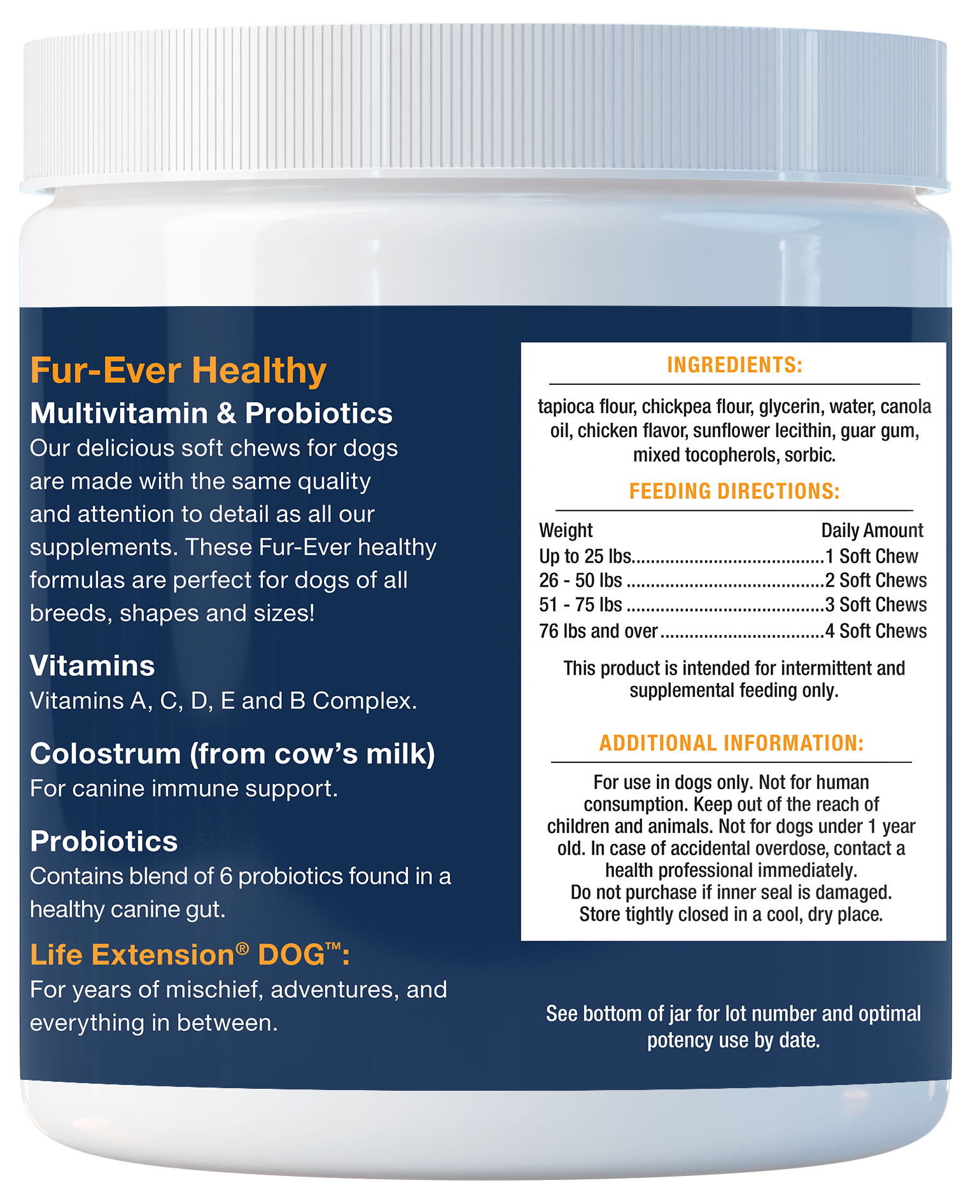 DOG Multivitamin & Probiotics is 90 soft chews for the dogs' overall, immune, and digestive health, supplement facts.